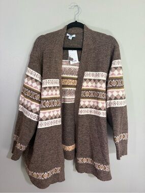 croft & barrow Brown Fair Isle Open Cardigan with Cream and Pink Accents